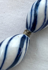 VTG Chinese Porcelain Blue White Stripes Oval Bead Necklace Hand-Knotted Silk