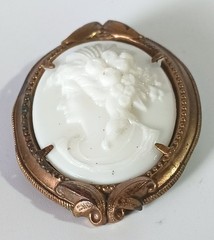 Vintage (Antique?) White Porcelain? Cameo Portrait Brooch in Brass? Frame