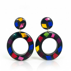 Vintage 80s Black Lucite Resin Confetti Dangle Earrings
