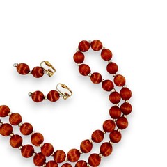 Vintage 80s True Brown Silk Covered Beaded Necklace & Clip On Earring Set