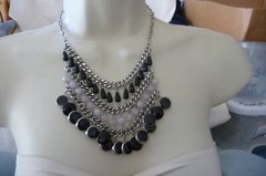 A6#214X NECKLACE SILVER TONE CHANDLIER BLACK & OFF WHITE DANGLESIGN NY