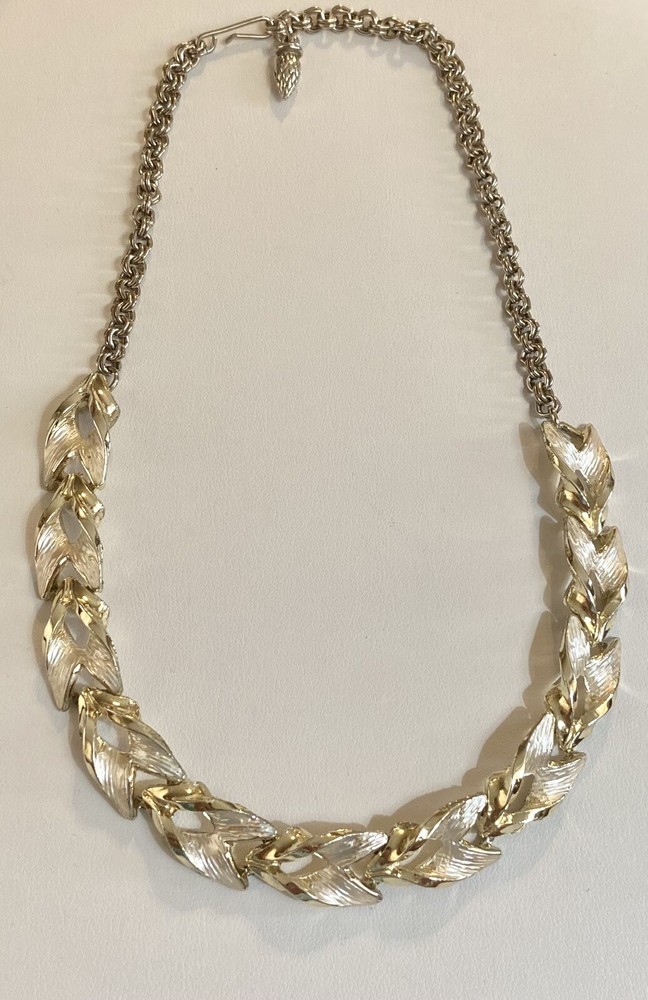 Vintage Silver & Gold Tone Textured Leaf Link Necklace 16” Length
