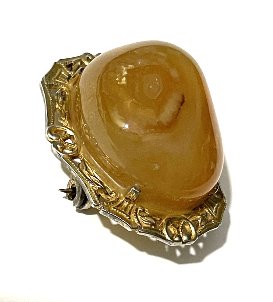 Antique Sterling Silver Gold tone Large Oval Butterscotch Stone Cabochon Brooch.