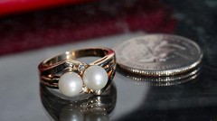 14k yellow gold ring 6.2mm cultured pearl natural diamond sz 6.5 vintage 5.85g