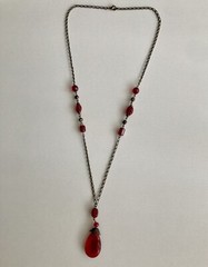 Vintage Red Teardrop Pendant 30in Bead Station Chain 30in Necklace 34g Ladies