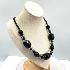 Vintage Black Faceted Acrylic Bead Statement Necklace Silver Tone Accents Bold