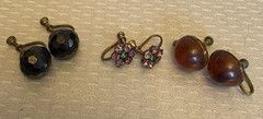 Lot 3 Pair Antique Vintage Brass Screw Back Earrings Faux Jet Amber Rhinestone