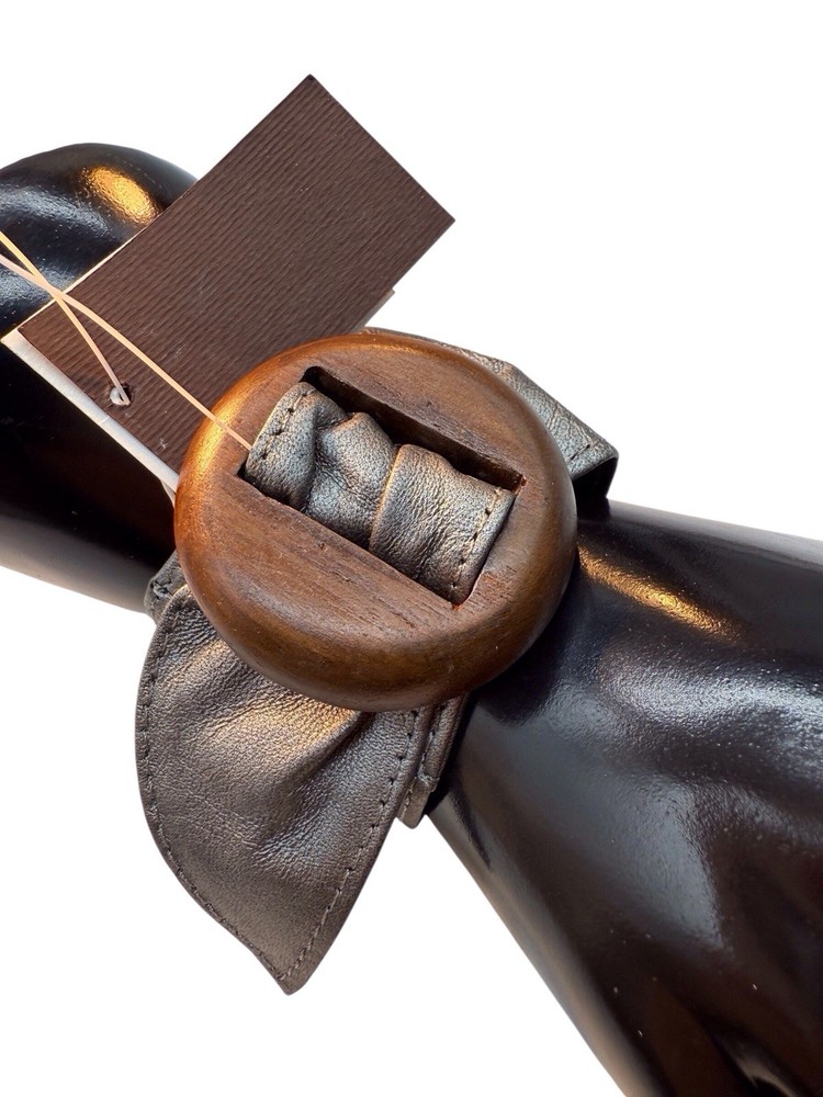 NOS Spiegel Leather Bracelet Belt Style Gray Mahogany Wood Buckle BOHO 70s A11