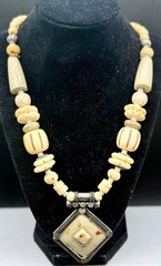 Vintage Tibetan-Style Hand-Carved Bone & Tribal Silver Pendant 21″