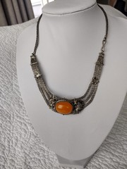 Vintage Antique Tibetan Silver Mesh Orange Beeswax Amber Necklace Jewlery