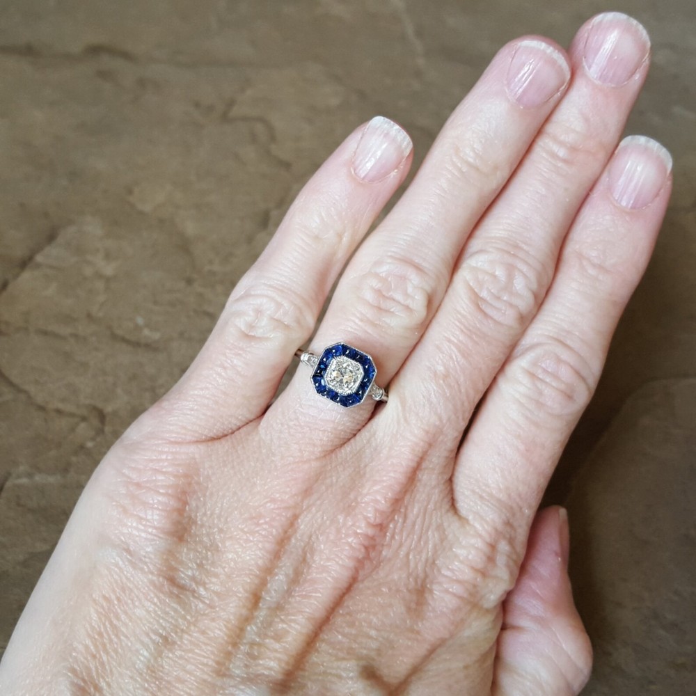 Vintage Art Deco Lab Created Diamond & Sapphire Halo Target 925 Silver Ring