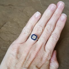 Vintage Art Deco Lab Created Diamond & Sapphire Halo Target 925 Silver Ring
