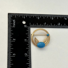 Vintage Gold Tone Blue Sleeping Beauty Glass Cabochon Filigree Round Brooch Pin