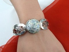 Vintage PAZ Israel 925 Sterling Silver Cuff Bracelet Roman Glass Scroll Jewelry