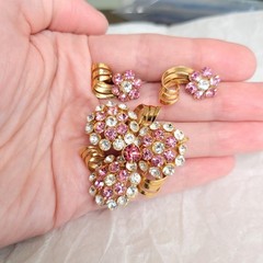 Vintage Mid-Century Pink and White Rhinestone Pendant / Brooch and Earrings Set