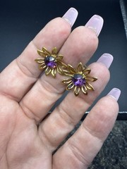 Vintage Rhinestone Screw Back Earrings Gold Tone Purple Stones