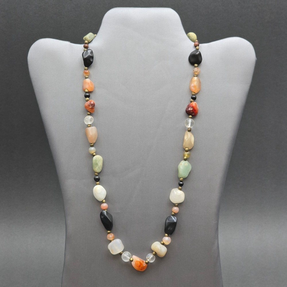 Vintage Multi Gemstone Beggar Bead Necklace 20″ Natural Stone Brass Accents