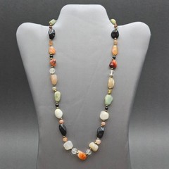 Vintage Multi Gemstone Beggar Bead Necklace 20″ Natural Stone Brass Accents