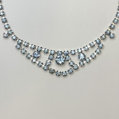 Vintage Silver Tone Baby Blue Rhinestone Choker Necklace 14.5″