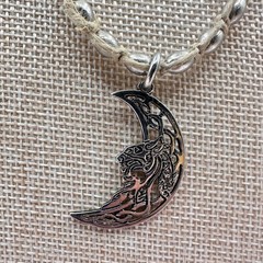 Vintage Y2K Silver Tone Crescent Moon Pendant Beaded Natural Fiber Cord Jewelry