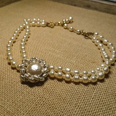 RARE Vtg Miriam Haskell Necklace Double Strand Faux Pearl Gold Tone Statement