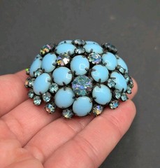 Vintage Unsigned Domed Milk Blue AB Rhinestone Flower Prong Cluster Pin Brooch