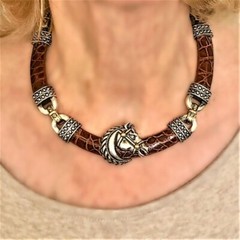 Nancy and David, 18K Gold, Silver and Embossed Leather Equestrian Choker