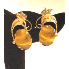 1/20 Gold Filled Tiger Eye Clip-On Earrings Vintage Floral Filigree 1.25″ bc-46