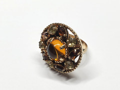 Vintage Rhinestone Cocktail Costume Ring Yellow Brown Gold Tone High End Jewelry