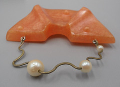 80s Art Deco Brooch Half Moon Sunburst Faux Pearl Peach Hard Resin Abstract