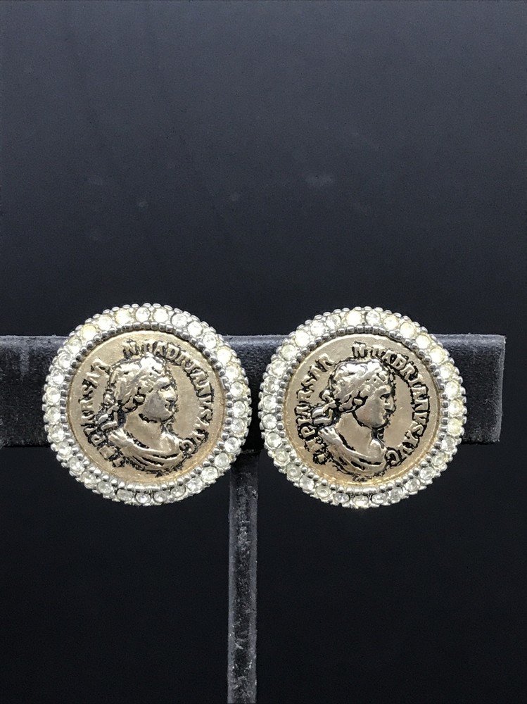 Vintage Costume Fashion Jewlery Silver tone Faux Roman Coin Clip-on Earrings