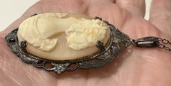 Vintage Victorian Revival Sterling Silver Carved Shell Cameo Pendant Necklace
