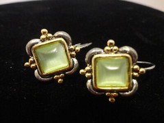 Vintage French Wire Faux Green Moonstone Earrings Gold/Silver Toned