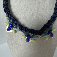 Bee Blue Necklace BRAIDED KNOTTED ROPE 18″ Blue Rhinestone Charm Jewel Bug