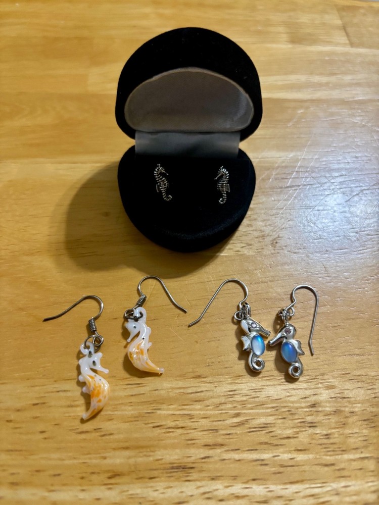 3 pair Vintage 90’s Seahorse earrings, I pr silver studs, 2 pr unique dangles
