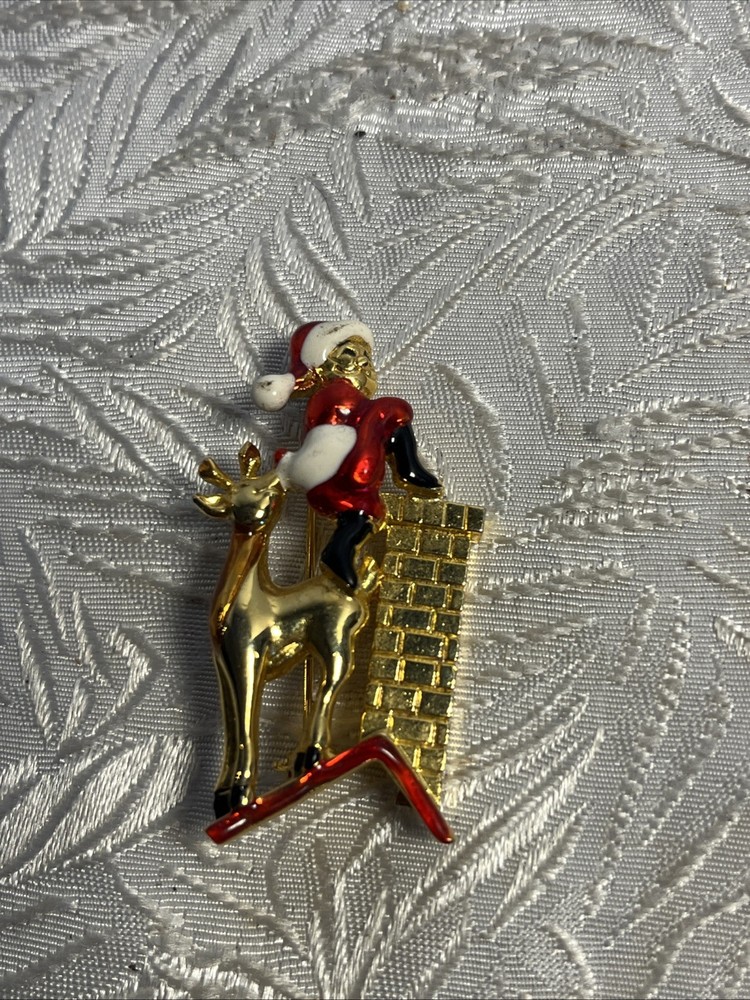 Vtg. VERO Xmas Santa Claus On Roof Pin Brooch Spring Bobblehead Trembler Enamel