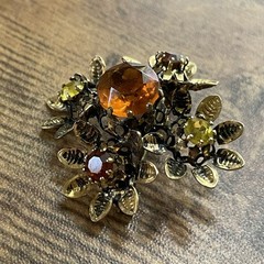 Vintage Austrian Rhinestone Brooch Autumn Orange Yellow Gold Tone Floral Pin