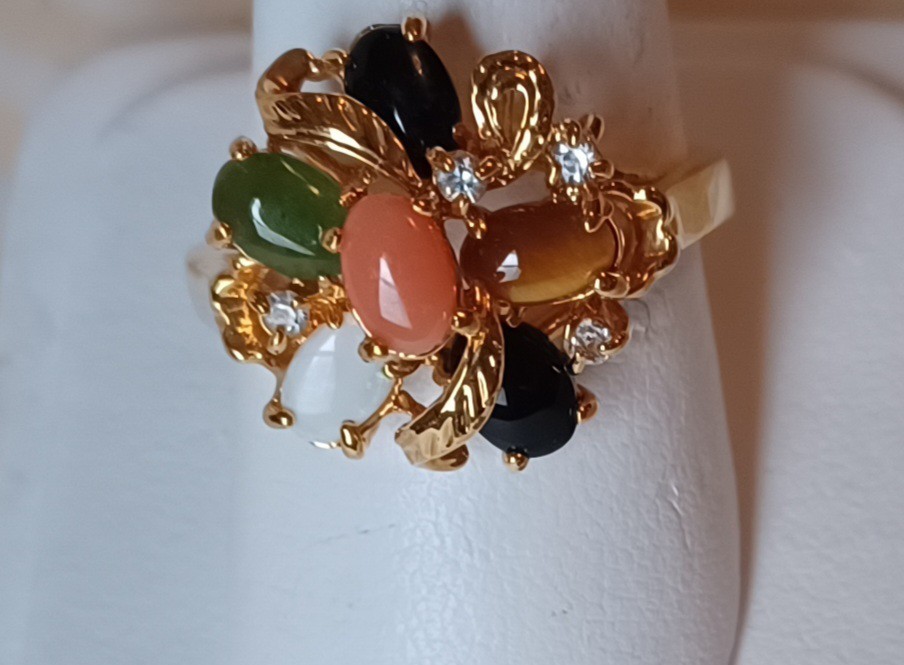 Vintage 80s 90s Gold Plated Cocktail Ring Semi-Precious Stones Size 9.5