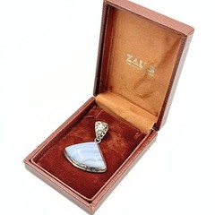 Vintage Blue Lace Agate Nickel Silver Triangular Fan Filigree Accent Pendant