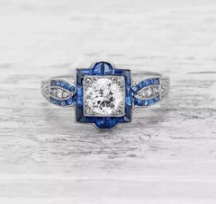 Art Deco Style Lab Created Diamond Sapphire 14K White Gold FN Engagement Ring