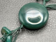 Vintage Asian Green Stone Disk Pendant Hand Knotted Beaded Necklace 24”