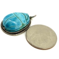 Egyptian Revival Scarab Beetle Vintage Turquoise, Sterling Silver Charm Pendant