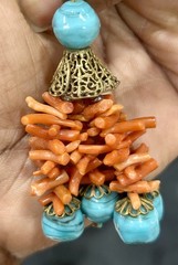 Vintage Coral And Art Glass Earrings Orange Turquoise Summer Beach Hot Dangle