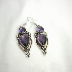 Vtg 90s Southwestern Style Sterling Silver Dangle Earrings Faceted Amethyst Boho