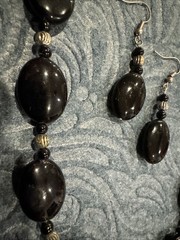 Vtg Stone Heavy Black Beaded Necklace & Earring Set Pierced