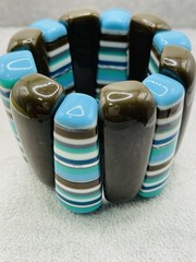 Vintage Chunky Striped Resin Stretch Bracelet Blue Aqua Brown Lucite Acrylic