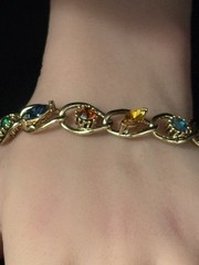 Vintage Rhinestone Bracelet Multi Color Blue Green Purple Gold Tone 7”