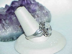 Vintage Sterling Solitare OVAL 4.00ct Crystal Ring 5.9gr Filigree MK Size 10