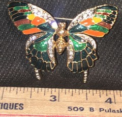Butterfly Brooch 2 Inches Wide Gold Tone Metal ORANGE YELLOW BLUE GREEN IN WINGS
