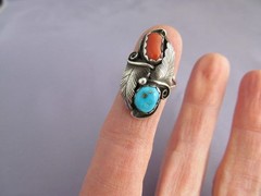 VINTAGE OLD PAWN STERLING ROBERT SHAKEY SQUASH BLOSSOM TURQUOISE CORAL RING